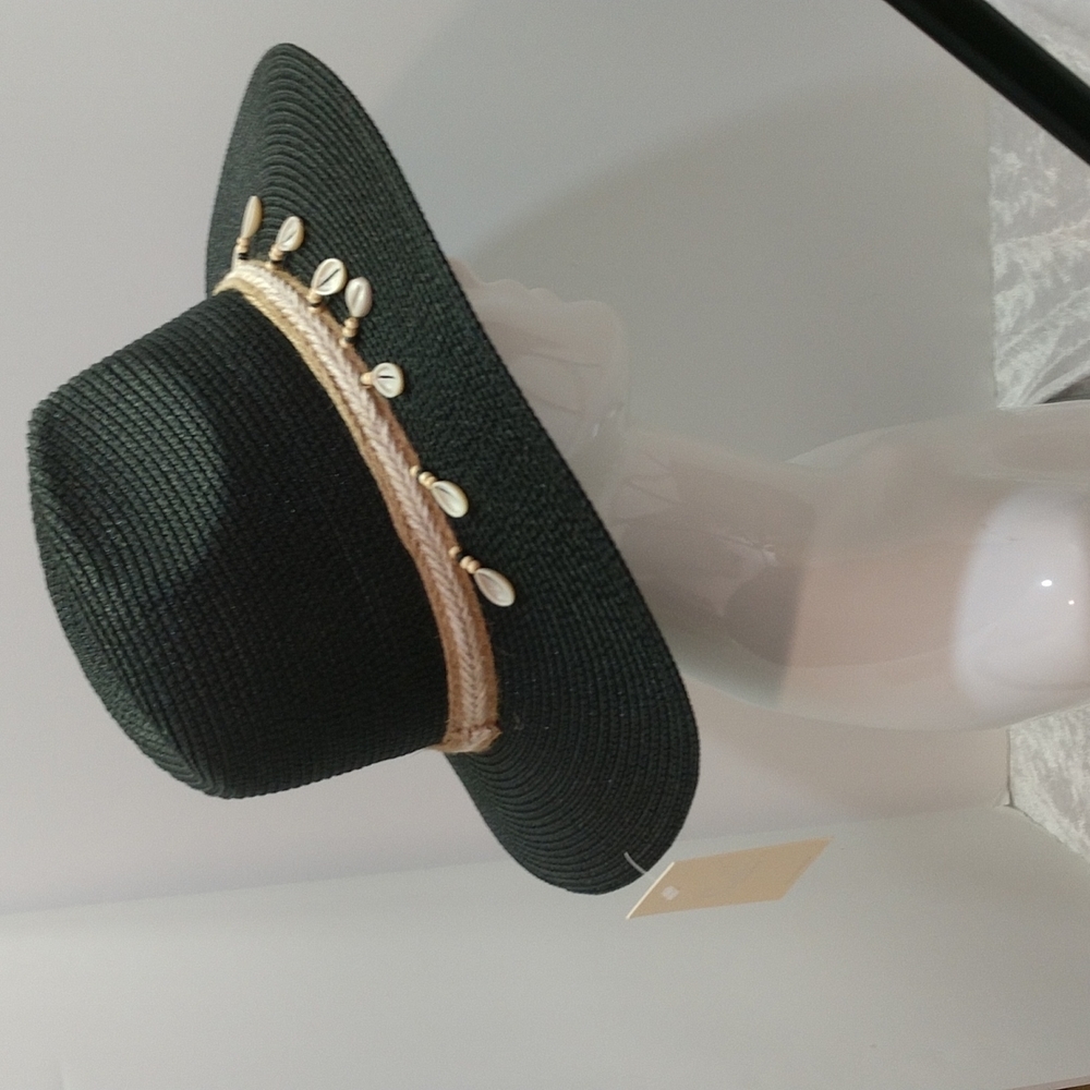 SALE Black Floppy Hat Boho Beach Faux Cowrie Shells Dangling on Beads Braided